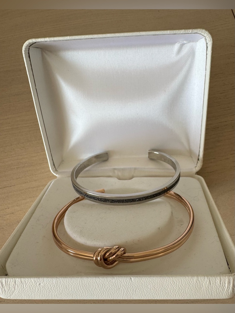 Silver and  Gold Tone Open-End Bangle Bracelets (2)